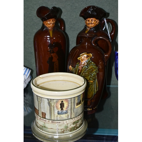 389 - THREE ROYAL DOULTON KINGSWARE FLASKS AND A ROYAL DOULTON TOBACCO JAR BASE, comprising a Kingsware De... 