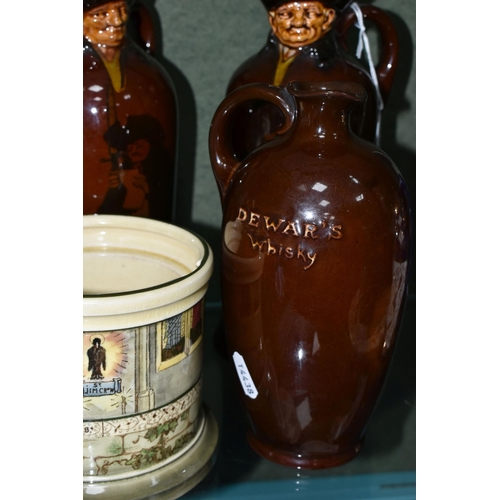 389 - THREE ROYAL DOULTON KINGSWARE FLASKS AND A ROYAL DOULTON TOBACCO JAR BASE, comprising a Kingsware De... 