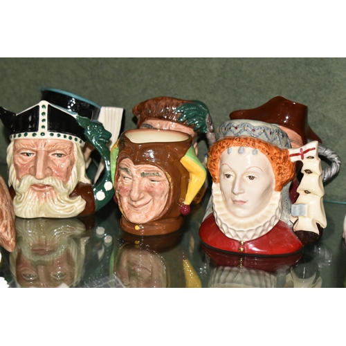 395 - NINE SMALL ROYAL DOULTON AND OTHER CHARACTER JUGS, comprising Merlin D6536, Viking D6502 (hairline t... 