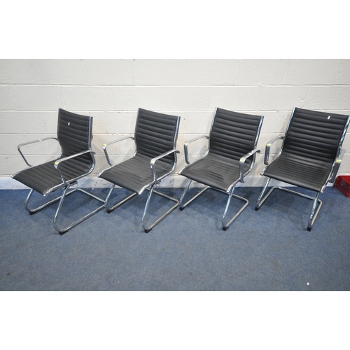 1323 - A SET OF FOUR BLACK LEATHER TUBULAR CHROME OFFICE ARMCHAIRS, in the manner of Charles and Ray Eames ... 