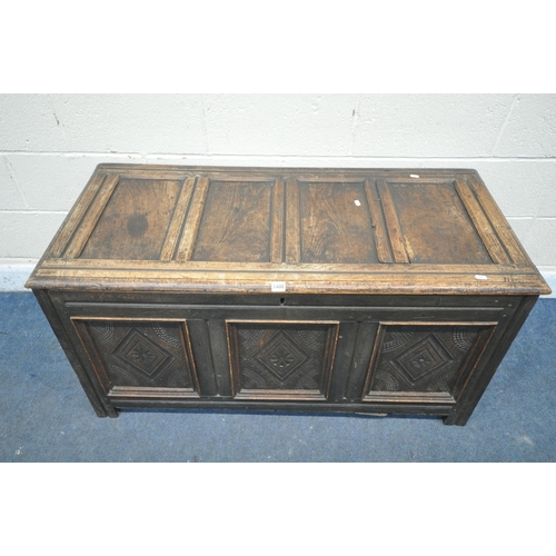 1400 - A GEORGIAN OAK PANELLED COFFER, with three carved front panels, length 121cm x depth 56cm x height 6... 