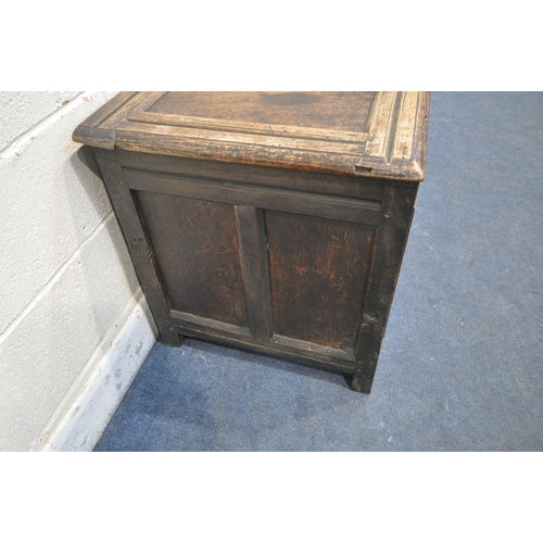 1400 - A GEORGIAN OAK PANELLED COFFER, with three carved front panels, length 121cm x depth 56cm x height 6... 