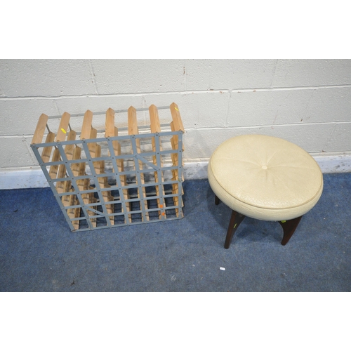 1405 - A MID CENTURY G PLAN FRESCO DRESSING STOOL, along with a metal and wooden wine rack, with 36 section... 