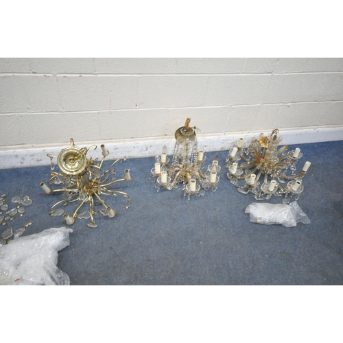 1407 - THREE BRASS AND GLASS CHANDELIERS, all with glass decorations and droplets (condition report: all wi... 