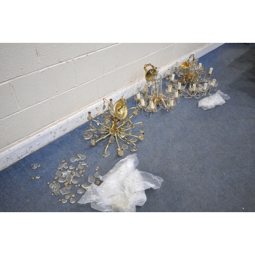 1407 - THREE BRASS AND GLASS CHANDELIERS, all with glass decorations and droplets (condition report: all wi... 