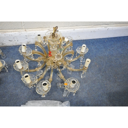 1407 - THREE BRASS AND GLASS CHANDELIERS, all with glass decorations and droplets (condition report: all wi... 