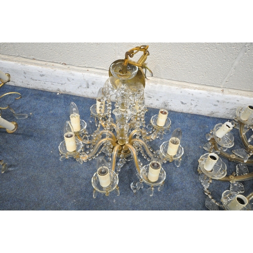 1407 - THREE BRASS AND GLASS CHANDELIERS, all with glass decorations and droplets (condition report: all wi... 