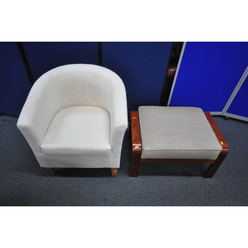 1417 - A PATTERNED UPHOLSTERED TUB CHAIR, another tub chair and a wooden framed footstool (condition report... 