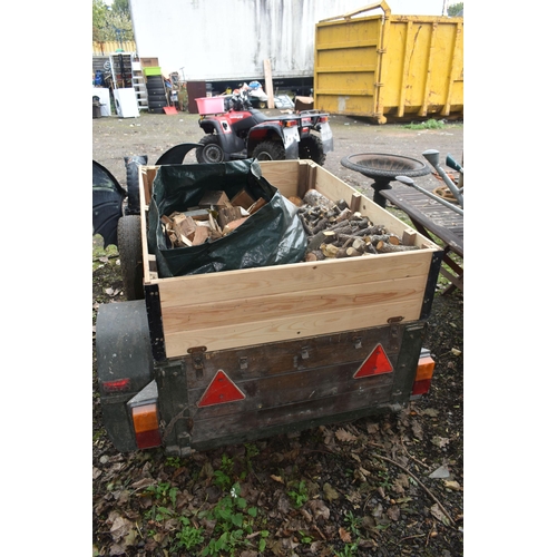 1015 - A SINGLE AXLE TRAILER, with raised sides, box full containing chopped wood,  box width 93cm x 125cm ... 