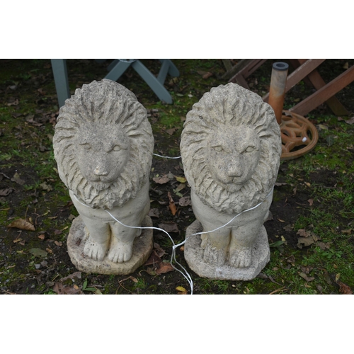 1023 - A PAIR OF WEATHERED COMPOSITE GARDEN LIONS, height 50cm (condition report: good) (2)