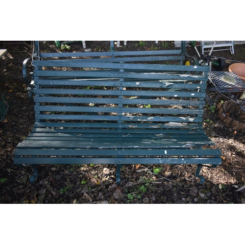 1028 - A PAINTED STRAPWORK IRON AND TEAK SCROLLED BENCH, length  145cm, along with another strapwork bench ... 