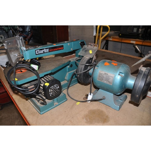 A CLARKE CSS400 SCROLL SAW with 40cm throat and a Clarke CBG 6RSB bench grinder both PAT pass and w