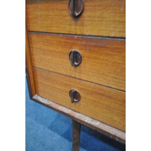 1395 - A GORDON RUSSELL ROSEWOOD SIDEBOARD, with three drawers to the left of cupboards, on circular sectio... 