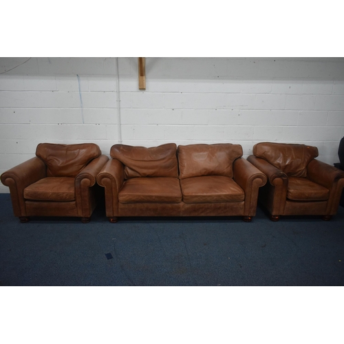 1410 - A BROWN LEATHER THREE PIECE LOUNGE SUITE, comprising a three seater settee, length 200cm x depth 96c... 