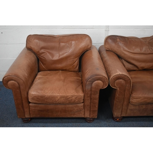 1410 - A BROWN LEATHER THREE PIECE LOUNGE SUITE, comprising a three seater settee, length 200cm x depth 96c... 