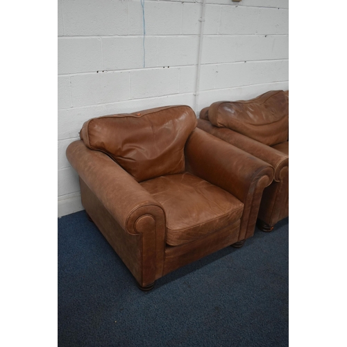 1410 - A BROWN LEATHER THREE PIECE LOUNGE SUITE, comprising a three seater settee, length 200cm x depth 96c... 