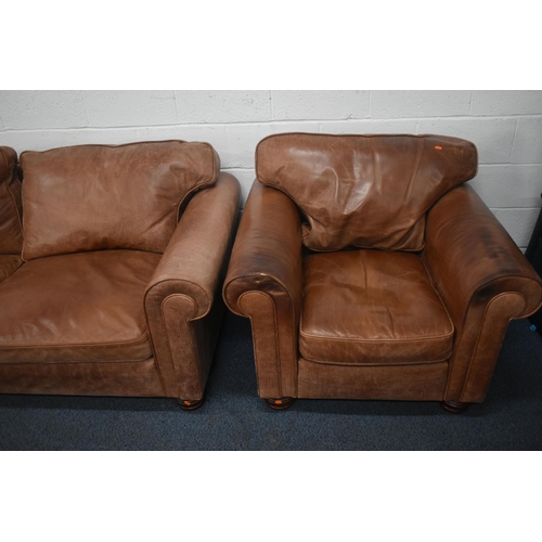 1410 - A BROWN LEATHER THREE PIECE LOUNGE SUITE, comprising a three seater settee, length 200cm x depth 96c... 