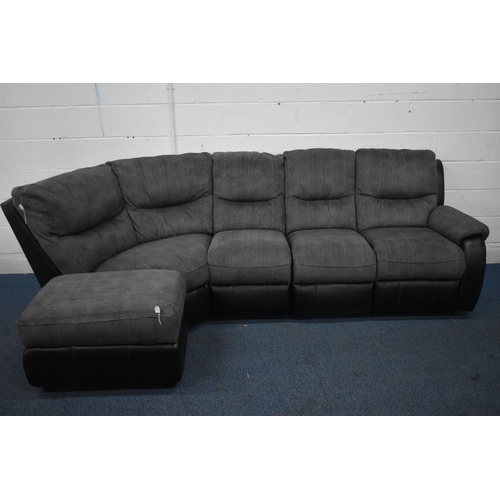 1411 - A BLACK LEATHER AND FABRIC CORNER SUITE, that splits into five sections, one section with a manual r... 