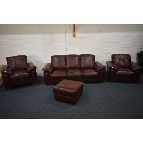 1413 - A BROWN LEATHER FOUR PIECE LOUNGE SUITE, comprising a three seater settee, length 216cm x depth 99cm... 