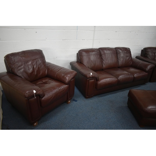 1413 - A BROWN LEATHER FOUR PIECE LOUNGE SUITE, comprising a three seater settee, length 216cm x depth 99cm... 