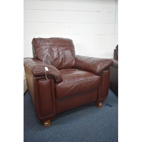 1413 - A BROWN LEATHER FOUR PIECE LOUNGE SUITE, comprising a three seater settee, length 216cm x depth 99cm... 