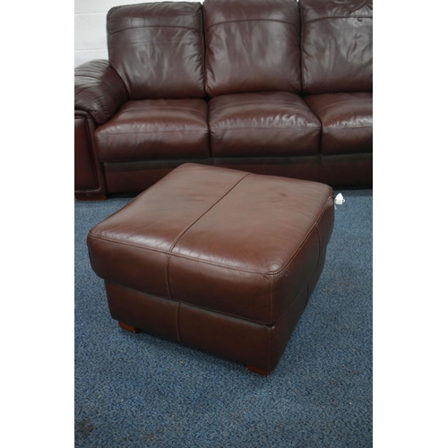 1413 - A BROWN LEATHER FOUR PIECE LOUNGE SUITE, comprising a three seater settee, length 216cm x depth 99cm... 