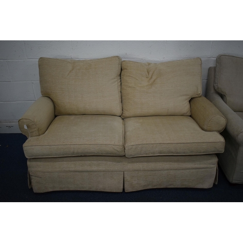 1414 - A BEIGE UPHOLSTERED TWO SEATER SETTEE, length 161cm, and a similar pair of beige upholstered armchai... 