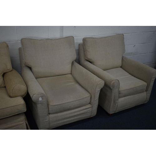 1414 - A BEIGE UPHOLSTERED TWO SEATER SETTEE, length 161cm, and a similar pair of beige upholstered armchai... 