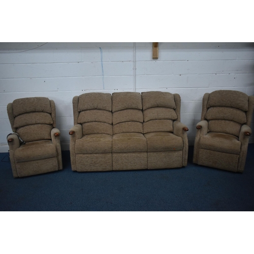 1416 - A HSL BROWN UPHOLSTERED THREE PIECE SUITE, comprising a three seater settee, length 175cm x depth 89... 