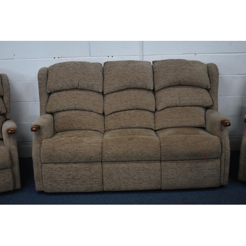 1416 - A HSL BROWN UPHOLSTERED THREE PIECE SUITE, comprising a three seater settee, length 175cm x depth 89... 