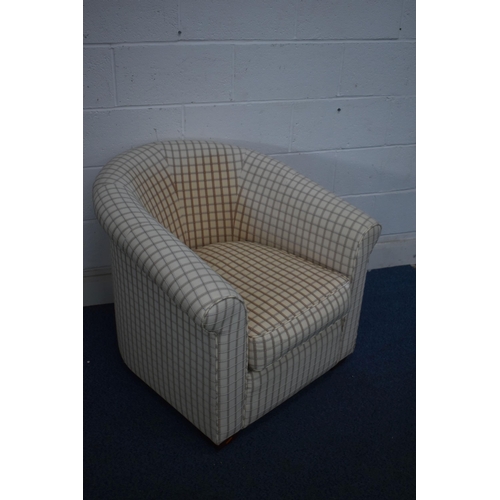 1417 - A PATTERNED UPHOLSTERED TUB CHAIR, another tub chair and a wooden framed footstool (condition report... 