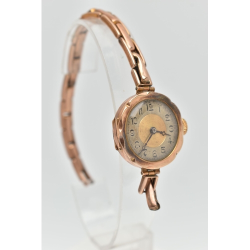 103 - A LADYS 9CT ROSE GOLD WRISTWATCH, AF manual wind, round Bi-colour dial, Arabic numerals, blue steel ... 