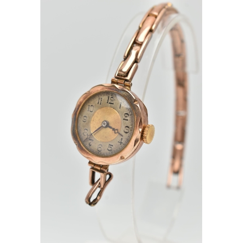 103 - A LADYS 9CT ROSE GOLD WRISTWATCH, AF manual wind, round Bi-colour dial, Arabic numerals, blue steel ... 