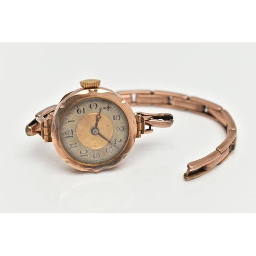 103 - A LADYS 9CT ROSE GOLD WRISTWATCH, AF manual wind, round Bi-colour dial, Arabic numerals, blue steel ... 