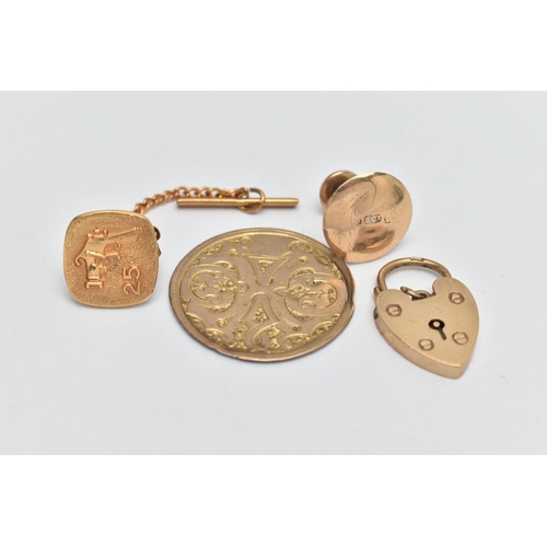 105 - A SMALL QUANTITY OF ITEMS, to include a boxed yellow metal pin badge, 2.4 grams, stamped 9ct with sa... 