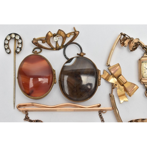 107 - ASSORTED JEWELLERY, to include a ladys rolled gold wristwatch, a 9ct gold back and front tie clip, a... 