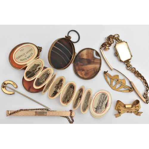 107 - ASSORTED JEWELLERY, to include a ladys rolled gold wristwatch, a 9ct gold back and front tie clip, a... 