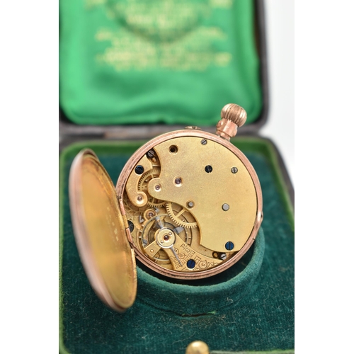 113 - A LADYS CASED, ROSE METAL OPEN FACE POCKET WATCH, AF, manual wind, round discoloured floral dial, Ro... 