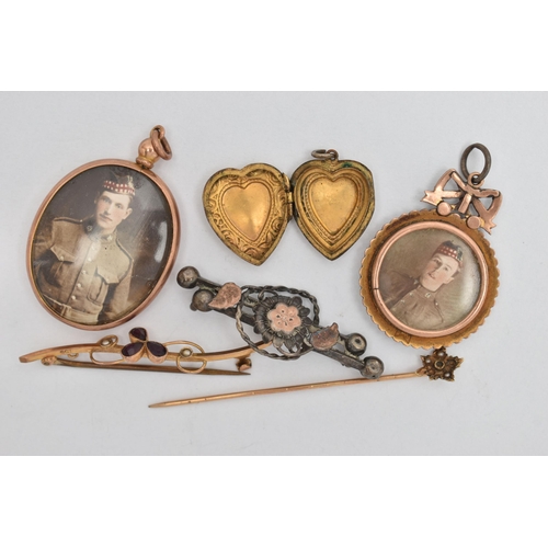 114 - SIX PIECES OF LATE 19TH/EARLY 20TH CENTURY JEWELLERY, to include a rose metal AF leaf stick pin with... 