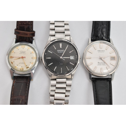 117 - THREE GENTS WRISTWATCHES, to include a 'Seiko Automatic Sea Horse' round silver dial, baton markers,... 