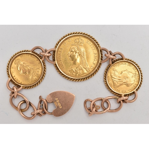 13 - A SOVEREIGN BRACELET, centring on a late Victorian double sovereign dated 1887, collet set within a ... 