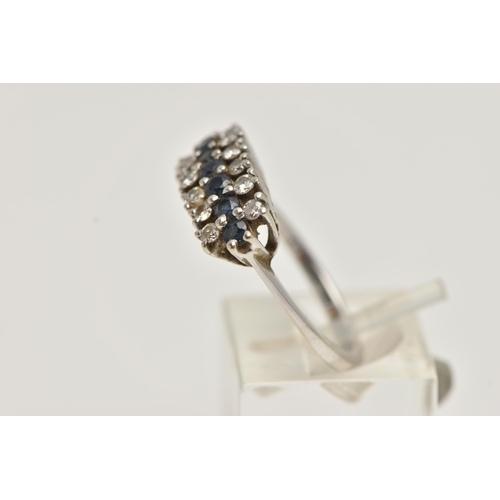 2 - AN 18CT WHITE GOLD DIAMOND AND SAPPHIRE RING, designed with a central row of circular cut blue sapph... 