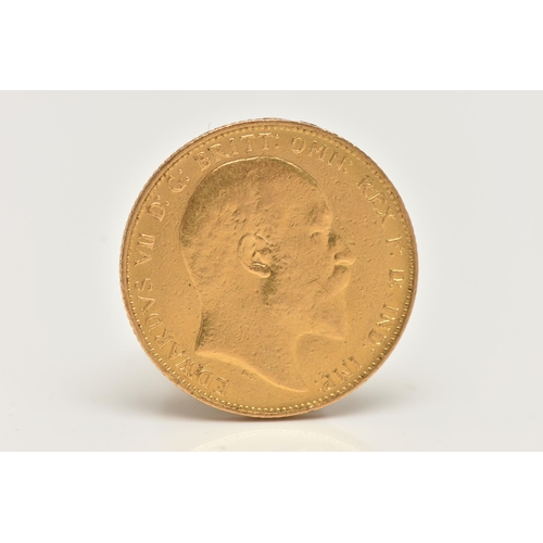 23 - AN EDWARDIAN FULL SOVEREIGN GOLD COIN, obverse depicting Edward VII, reverse George and the Dragon d... 