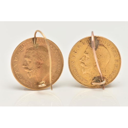 26 - A PAIR OF MOUNTED HALF SOVEREIGN EARRINGS, two George V half sovereigns, one dated 1913 and 1915, bo... 