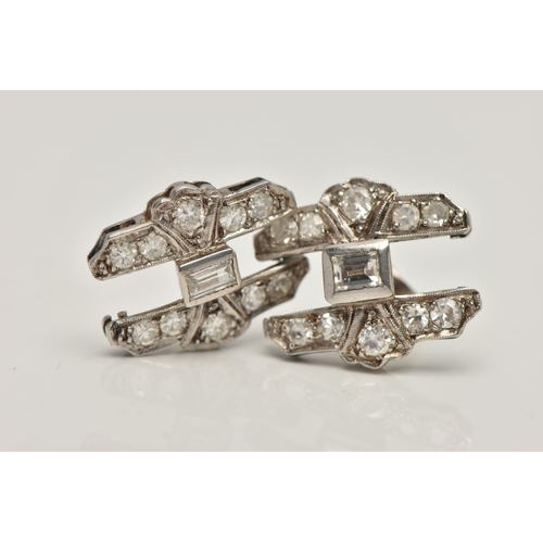 33 - A PAIR OF WHITE METAL DIAMOND EARRINGS, AF conversion piece, art deco style, each set with a central... 