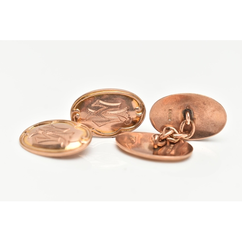 43 - A PAIR OF 9CT ROSE GOLD CUFFLINKS, oval cufflinks engraved with initials, between chain links, hallm... 