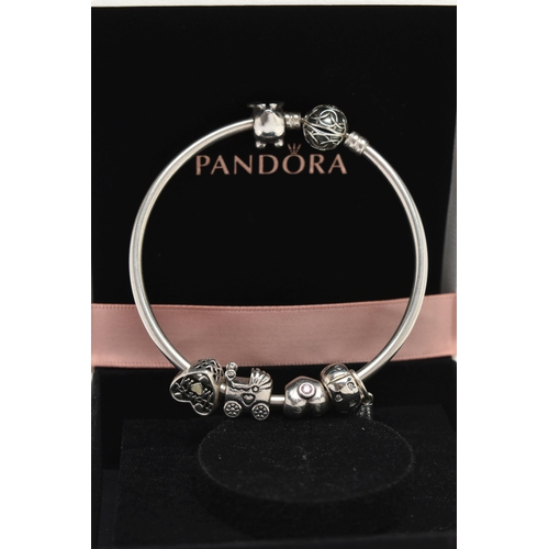 47 - A BOXED 'PANDORA' CHARM BRACELET, polished bangle fitted with a textured hinged ball clasp, stamped ... 