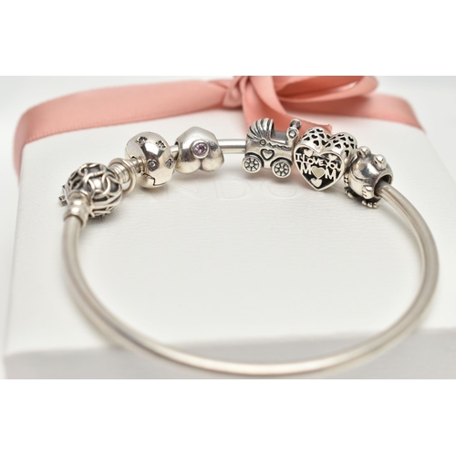 47 - A BOXED 'PANDORA' CHARM BRACELET, polished bangle fitted with a textured hinged ball clasp, stamped ... 