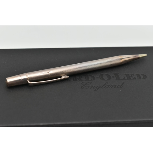 50 - A BOXED SILVER 'YARD-O-LED' PROPELLING PENCIL, engine turned pattern, personal engraving reads 'J.W'... 