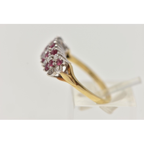 57 - AN 18CT GOLD RUBY AND DIAMOND CLUSTER RING, designed as three rows of alternating round brilliant cu... 